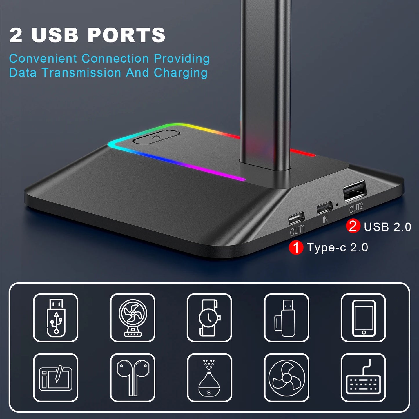 Support Casque Gaming RGB — 2 Ports USB